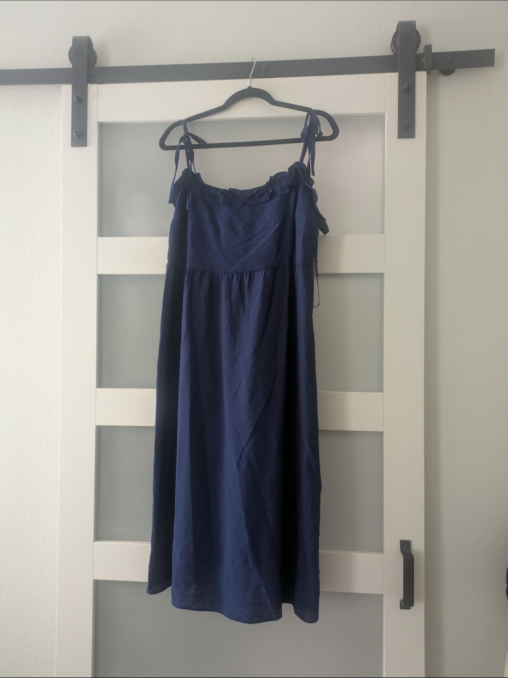 BCBG Paris Navy Tie-Strap Ruffle Midi Dress